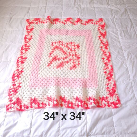 Bundle 2 Handmade Afghan Blanket Crochet Knit Granny Squares 34 x 34 Pastel Pink - Picture 11 of 11